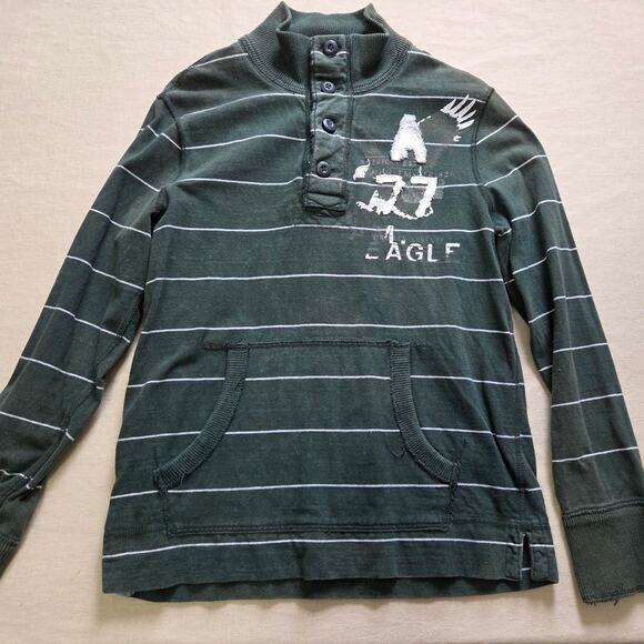 American Eagle Vintage Fit Green/ White Striped Long Sleeve Shirt men's size M - Picture 3 of 8
